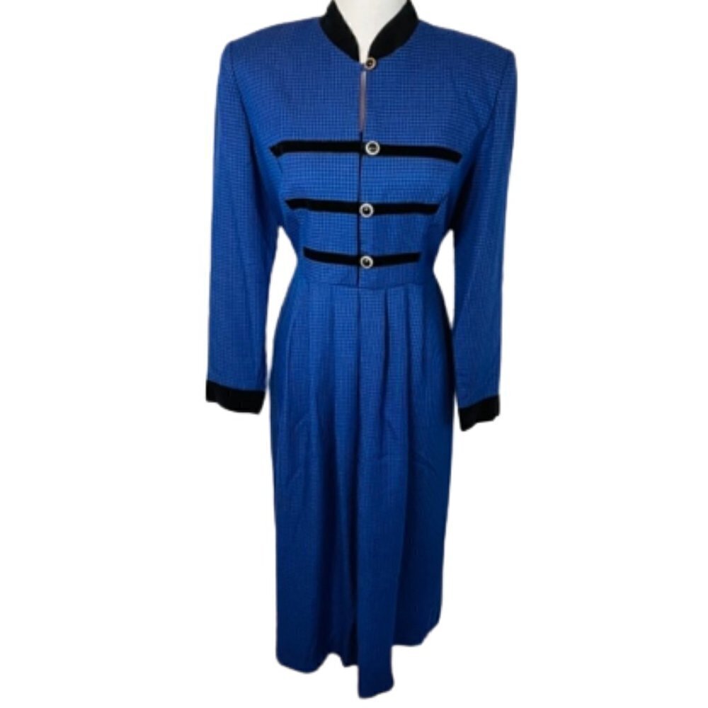 Vintage Cottagecore Gingham Checked Dress Velvet Collar & Cuffs Modest 8